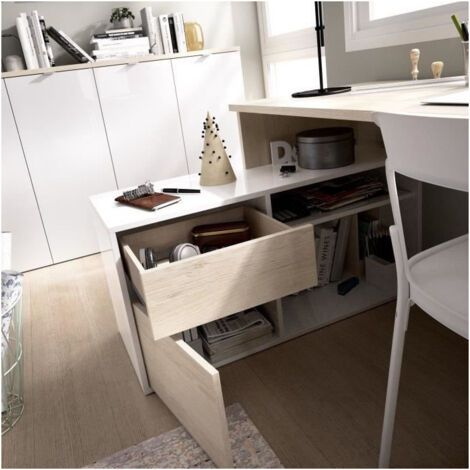 Bureau d'angle réversible avec rangement - Décor chene et blanc - Essentiel  - L 139 x P 92 x H 75 cm