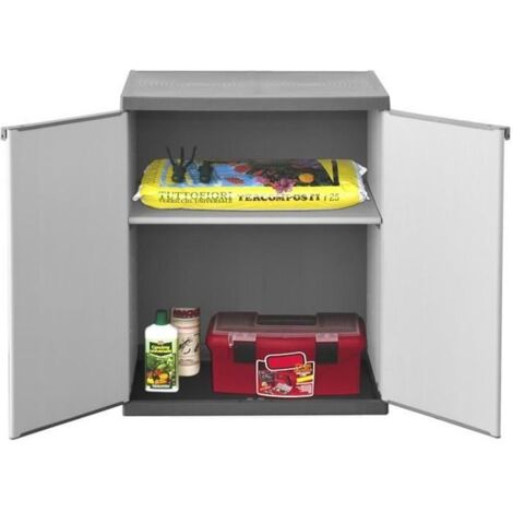Armoire de rangement basse en résine grise 68x39,5x85 cm – 2 portes – Charge max 20 kg – Montage facile sans outils – Tood
