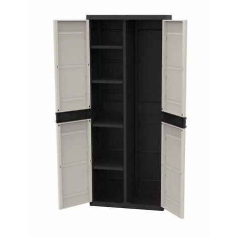Armoire de jardin 2 portes – Dimensions L70 x P44 x H176 cm – Beige et noire – Étagères et penderie intégrées – Plastiken