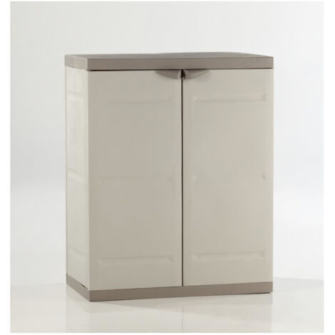 Armoire de jardin basse 2 portes – Résine beige et taupe – Dimensions l70 x p44 x h88 cm – 2 étagères – Montage facile sans outils – Plastiken