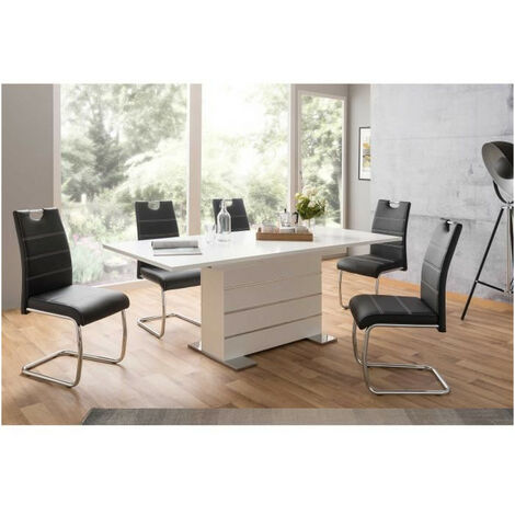 Table extensible rectangulaire 6-8 personnes – Panneaux de particules mélaminés – Longueur 160-200 cm – Largeur 90 cm – Hauteur 75 cm – Blanc et alu (1/7)