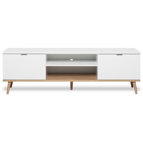 Les Tendances – Meuble TV scandinave 2 portes blanc – Dimensions L 160 x H 50 x P 40 cm – Panneaux de particules et pieds en bois massif (1/10)