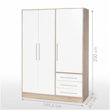 Les Tendances – Armoire de chambre contemporaine en bois aggloméré chêne et blanc – 3 portes et 3 tiroirs – Dimensions L 144,6 x P 60 x H 200 cm