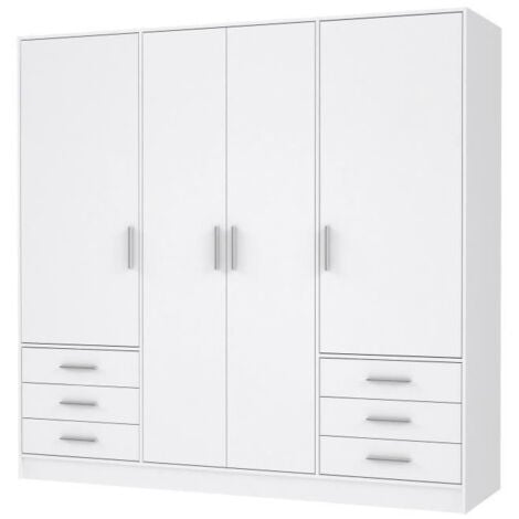 Armoire 4 portes battantes + 6 tiroirs - Bois aggloméré - Blanc mat - L 206,5 x P 60 x H 200 cm - JUPITER