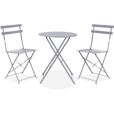 Ensemble table et chaises de jardin pliantes – Table ronde 60 cm – Acier thermolaqué gris – 2 places – Pratique pour petits espaces (1/9)
