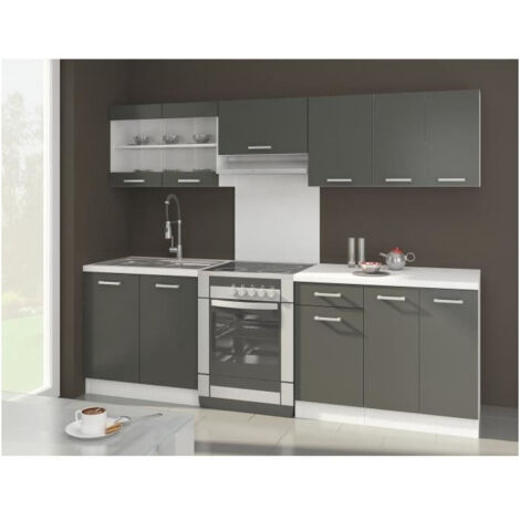 Les Tendances – Cuisine complète linéaire 2m40 – 7 éléments – Gris mat – Structure panneaux de particules – Design contemporain (1/5)