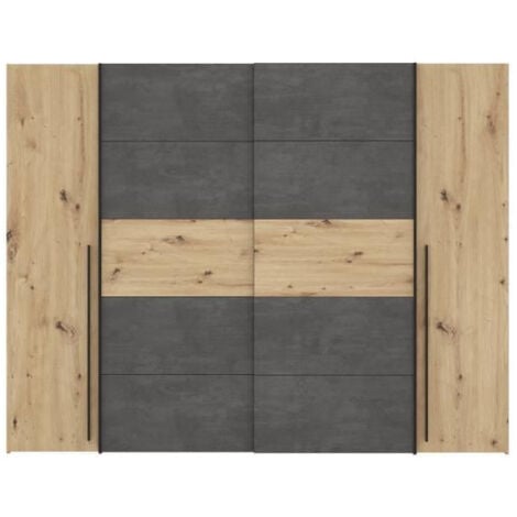 Armoire 2 portes battantes + 2 portes coulissantes - Decor chene artisan et beton gris - L 270,3 x P 61,2 x H 210 cm - NARAGO
