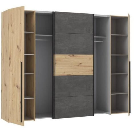 Armoire 2 portes battantes + 2 portes coulissantes - Decor chene artisan et beton gris - L 270,3 x P 61,2 x H 210 cm - NARAGO
