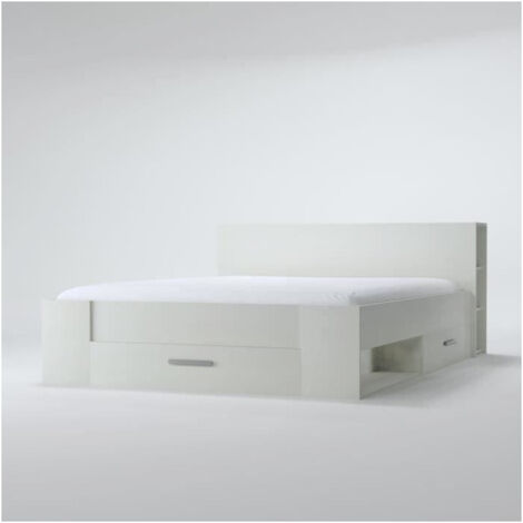 M&S – Lit adulte contemporain blanc mat 140x190 cm – 3 tiroirs et 2 niches de rangement – Fabrication française – Panneaux de particules (1/10)