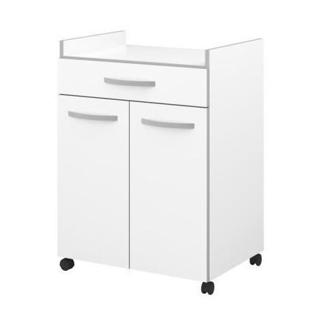 Les Tendances – Desserte de cuisine L 60 cm – Blanc mat – Panneaux de particules – 2 portes et 1 tiroir – Mobilité avec roulettes