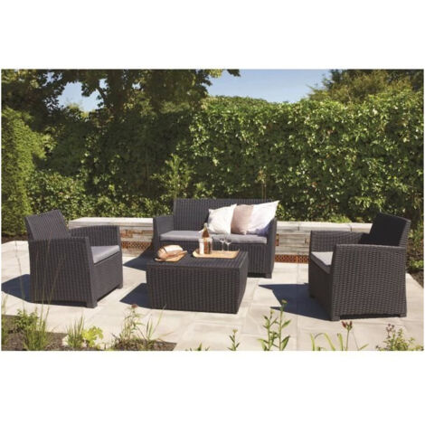 Allibert – Salon de jardin 4 places en résine tressée – Canapé 2 places, 2 fauteuils, table range coussins – Coloris gris – Dossiers ergonomiques (1/4)