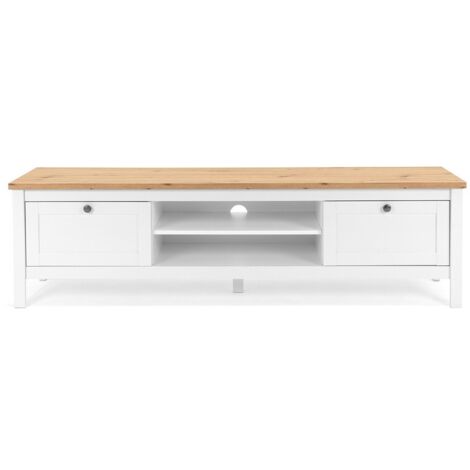 BERGEN Meuble TV 2 tiroirs - Decor chene artisan et blanc - L 160 x P 45 x H 40 cm (1/5)