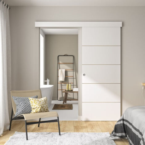 Optimum – Kit porte coulissante avec rail et bandeau – Dimensions H.204xL.83xP.4 cm – Couleur blanche lignée – Pour espaces modernes