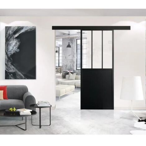 Optimum – Porte coulissante Atelier avec rail et bandeau – Dimensions H 204 x L 73 x P 4 cm – Verre transparent noir – Pour espaces modernes