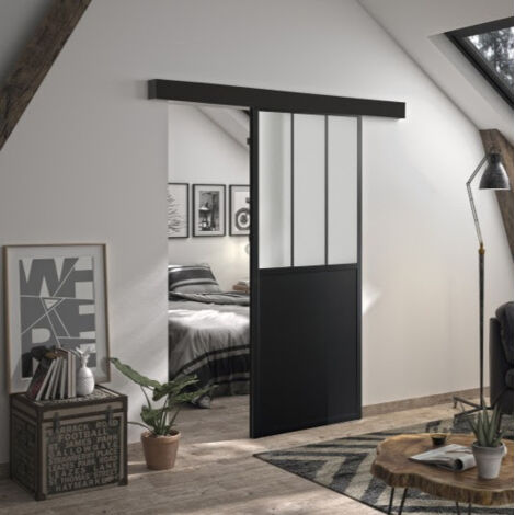 Optimum – Kit porte coulissante 73 cm – Rail en aluminium – Porte en bois avec verre dépoli – Amortisseurs silencieux – Installation rapide (1/6)