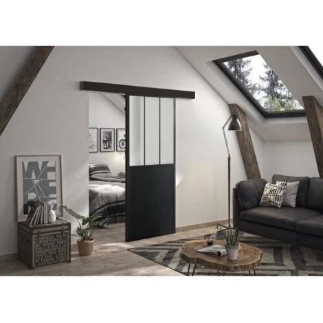 Optimum – Porte coulissante noire 204x93 cm – Verre dépoli sécurit – Rail en aluminium ajustable en 3D – Double amortisseur silencieux (1/3)