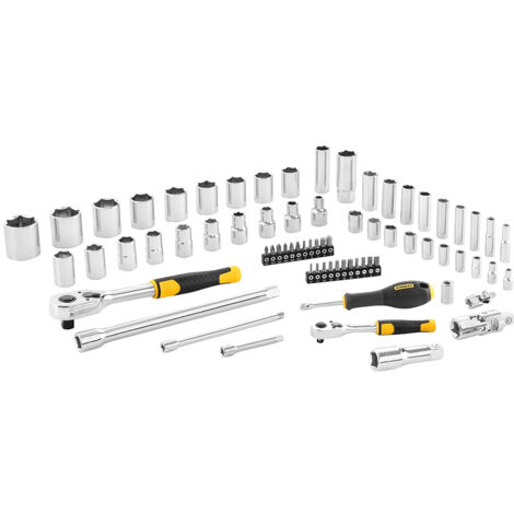 Stanley – Coffret cliquet et douilles 72 pièces 1/4 et 1/2 – Cliquets 72 dents à faible angle de reprise – Douilles 6 pans pour fixations – Rallonges et embouts inclus