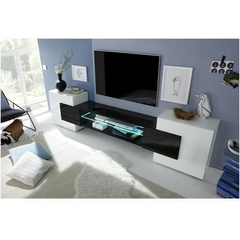 Meuble TV contemporain chêne et noir laqué avec LED - VERONICA XL