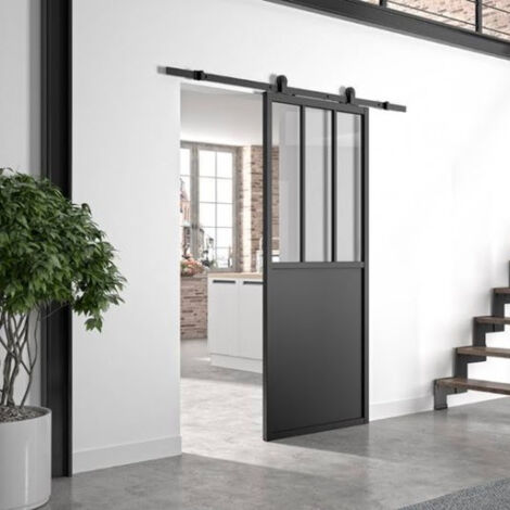 Optimum – Kit porte coulissante noir mat 204x83 cm – Verre sécurit transparent – Rail acier apparent – Style industriel pour intérieur