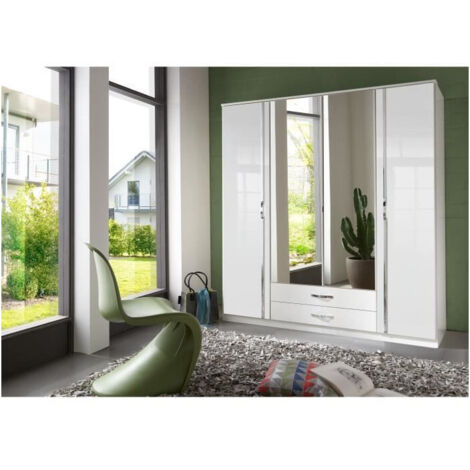 Armoire 4 portes 2 miroirs + 2 tiroirs - Decor blanc - L 180 x P 56 x H 199 cm - TRIO (1/2)