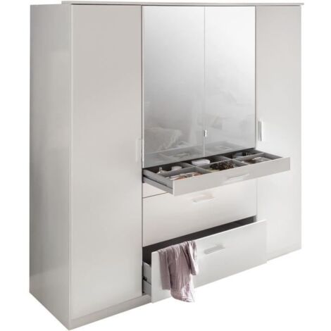 Les Tendances – Armoire de chambre blanche 4 portes battantes – 2 miroirs – 4 tiroirs – Dimensions L180 x P58 x H199 cm – Design moderne (1/5)