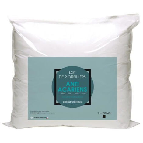 Les Tendances – Lot de 2 oreillers microfibre 60x60cm – Anti-acariens – Enveloppe 100% polyester – Garnissage siliconé 500g – Finition bourdon apparent