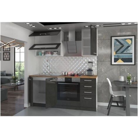 LASSEN Cuisine complete L 180 cm avec meuble four et plans de travail - Gris Matera