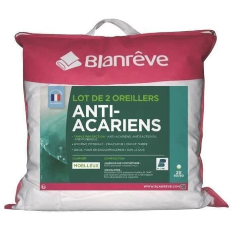 Lot de 2 oreillers 60 x 60 cm – Triple protection anti-acariens et antibactérien – Garnissage fibres polyester 500g – LOACAHP6060 – Blanreve