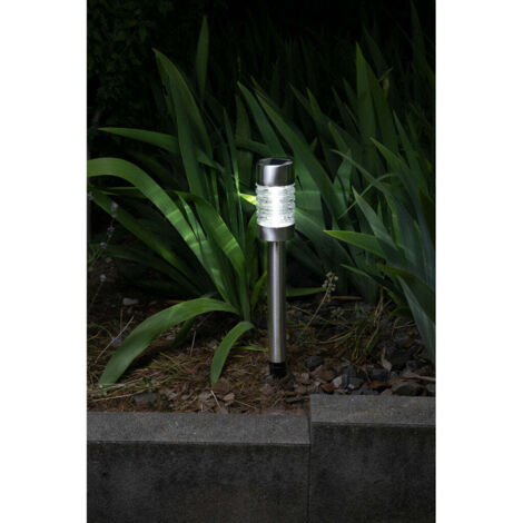 Balise solaire inox 57 cm, verre rainuré, halo lumineux ao sol, à planter ou poser, design moderne (1/5)