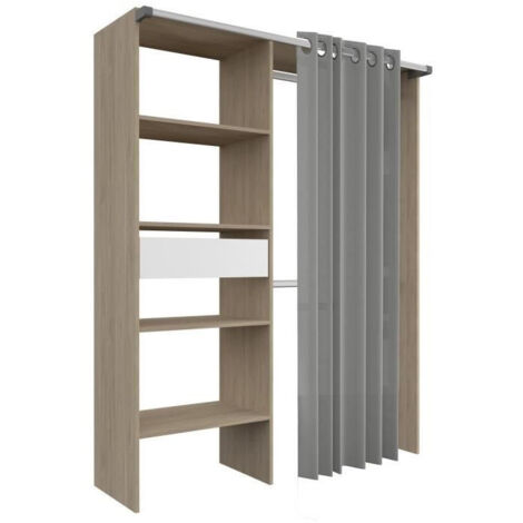 Aménagement de placard avec rideau en décor chêne – 1 tiroir – Dimensions L 143,5 x P 48 x H 181,9 cm – Rangement optimisé pour vêtements