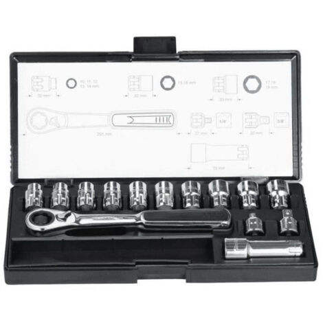 Makita – Coffret cliquet et douilles 14 pièces – 1 cliquet 72 dents – 10 douilles de 10 à 19 mm – Adaptateurs 1/4'' et 3/8'' – Rallonge 75 mm (1/7)