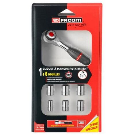 Facom – Coffret cliquet et douilles 1/4 – 1 cliquet 360° – 6 douilles 6 pans de 8 à 17 mm – Rallonge 125 mm – Système de verrouillage automatique (1/5)