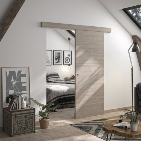 Optimum – Kit porte coulissante Verone avec rail et bandeau – Dimensions H.204xL.83xP.4 cm – Chêne taupe – Pour espaces modernes (1/7)