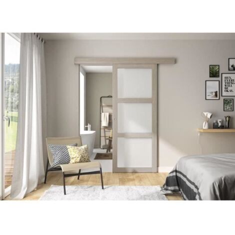 Optimum – Kit porte coulissante 3 carreaux – Rail et bandeau Vérone – Dimensions H.204 x L.83 x P.4 cm – Chêne taupe (1/5)