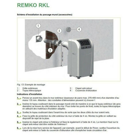 Passage mural pour climatiseur REMKO MKT 251/291 – Évacuation air chaud diamètre 125mm – Accessoire technique Made in Germany