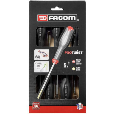 Facom – Coffret de 5 tournevis Protwist – Acier et bimatière – Empreinte 3.5 pour vissage précis – Fabrication française