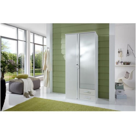 Armoire 2 portes 1 miroir + 2 tiroirs - Decor blanc - L 91 x P 56 x H 199 cm - TRIO (1/2)