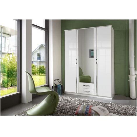 Armoire 3 portes 1 miroir + 2 tiroirs - Decor blanc - L 135 x P 56 x H 199 cm - TRIO (1/2)