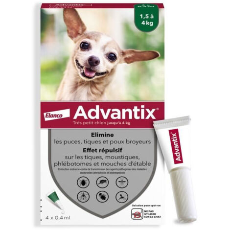 Advantix Chien Solution Antiparasitaire Puces Tiques Répulsif Mouches Moustiques Phlébotomes 1,5 a 4kg 4 pipettes