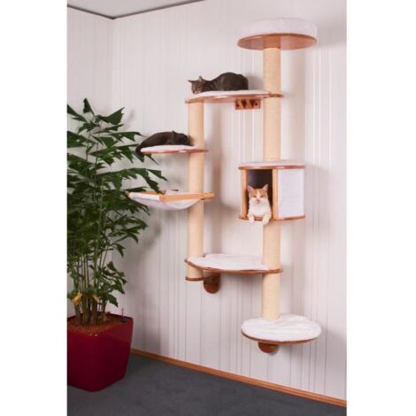 Arbre à chat mural Dolomit XL 185 cm – Tronc ø 10 cm en bois avec sisal – Niche et hamac pour plusieurs chats – Couleur blanche – Kerbl