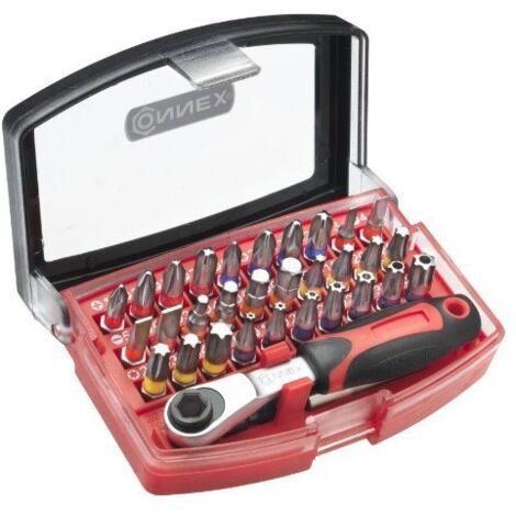 Jeu d'embouts et cliquet 32 pieces - CONNEX - Entraînement 1/4 - Acier S2 - Support magnétique inclus (1/4)