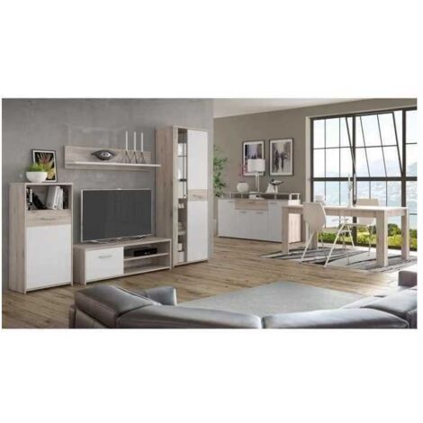 Les Tendances – Ensemble meuble télé et buffet contemporain – Blanc mat et décor chêne cendré – Dimensions meuble TV 266 cm – Table à manger 160 x 90 cm