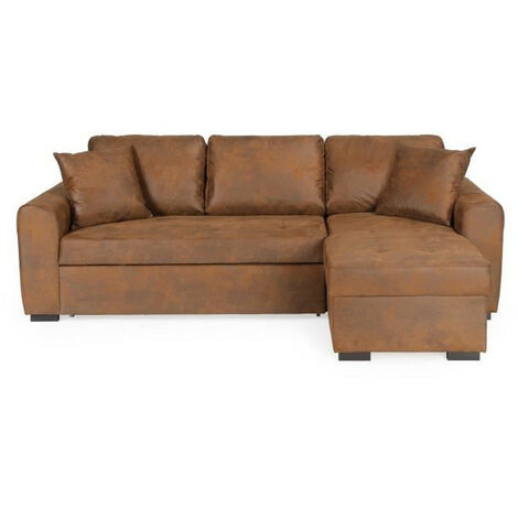 Canapé d'angle convertible réversible marron vintage – Tissu microfibre 100% polyester – Dimensions L 244 x P 151 x H 90 cm – Couchage 201 x 133 cm (1/5)
