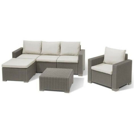 Allibert – Salon de jardin 5 places en résine imitation rotin tressé beige – Banquette 3 places, fauteuil, pouf et table basse carrée – Dossiers ergonomiques (1/5)