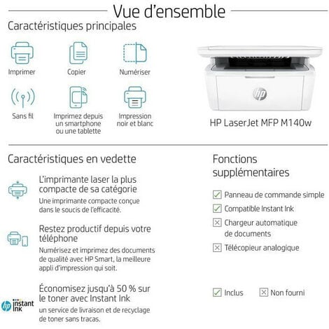 Imprimante multifonction HP LaserJet M140w laser noir et blanc