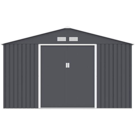 Abri de jardin métal 10.2 m² – Dimensions 340x319x210 cm – Acier galvanisé gris anthracite – Deux portes coulissantes verrouillables (1/6)
