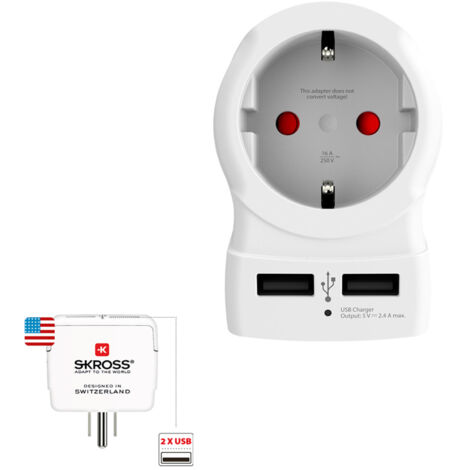 Adaptateur voyage mural EU vers US Skross avec 2 ports USB 5 V ⎓ 2,4 A blanc