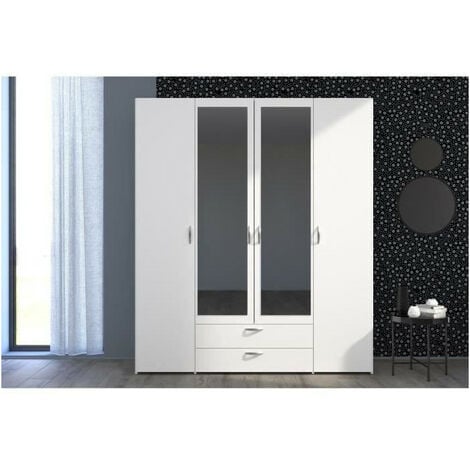 Armoire VARIA - Décor blanc - 4 portes battantes + 2 miroirs + 2 tiroirs - L 160 x H 185 x P 51 cm - PARISOT