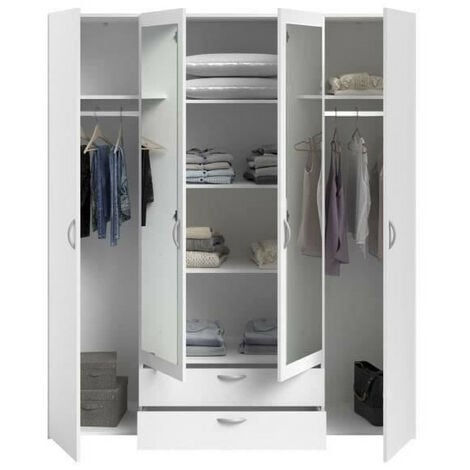 Armoire VARIA - Décor blanc - 4 portes battantes + 2 miroirs + 2 tiroirs - L 160 x H 185 x P 51 cm - PARISOT