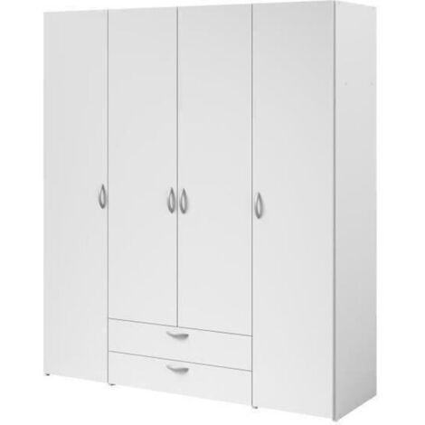 Armoire enfant 4 portes battantes avec 2 tiroirs – Décor blanc – Dimensions L 160 x H 185 x P 51 cm – Panneaux de particules – Parisot